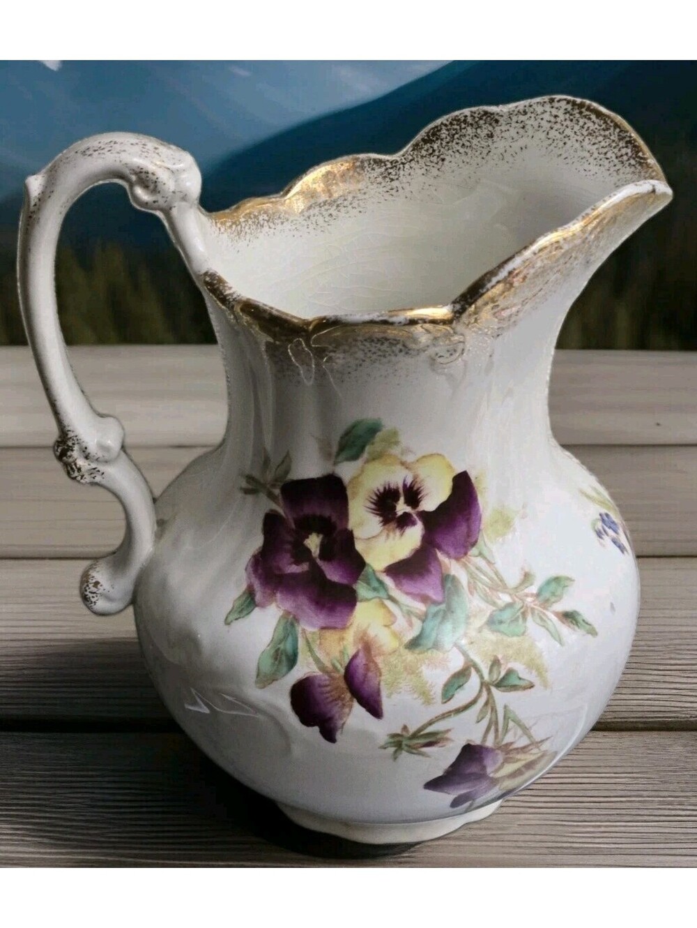 Antique Porcelain Anchor Pottery Pitcher 8" Pansies Gold Beautiful Shape